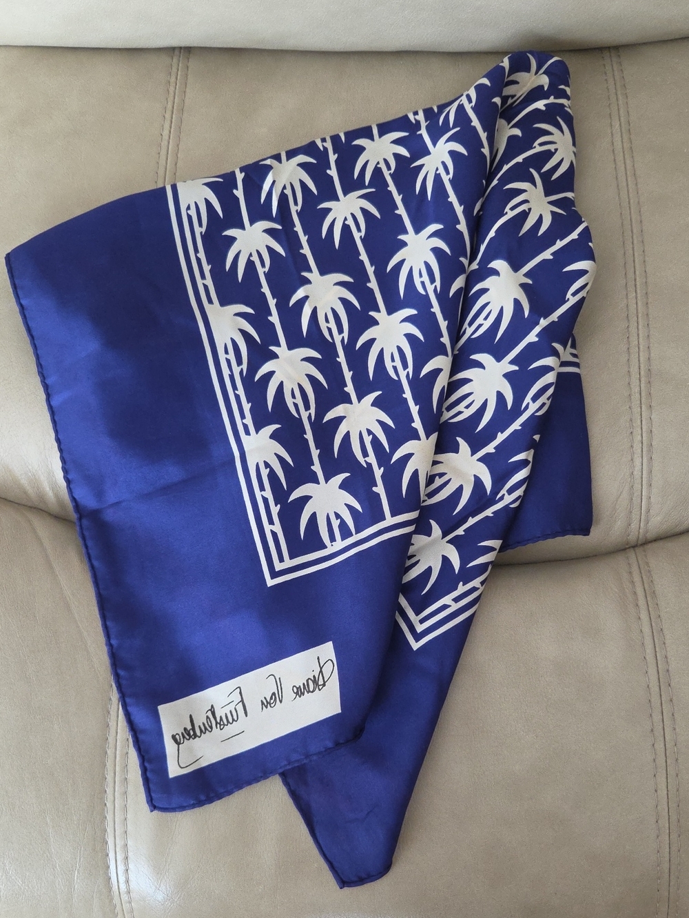Diane Von Furstenberg Royal Blue and White Square Palm Print Silk Scarf